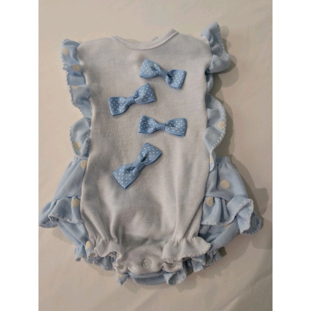 Vtg 90s Baby Girl Light Blue Polka Dot Snap Romper Ruffles Bows Size 0-3M Appox